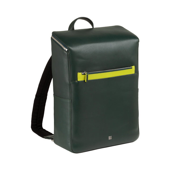 Dark green leather backpack with yellow front zipper pocket and top handle