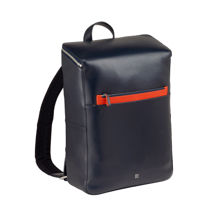 Sleek black leather backpack with red accent front pocket