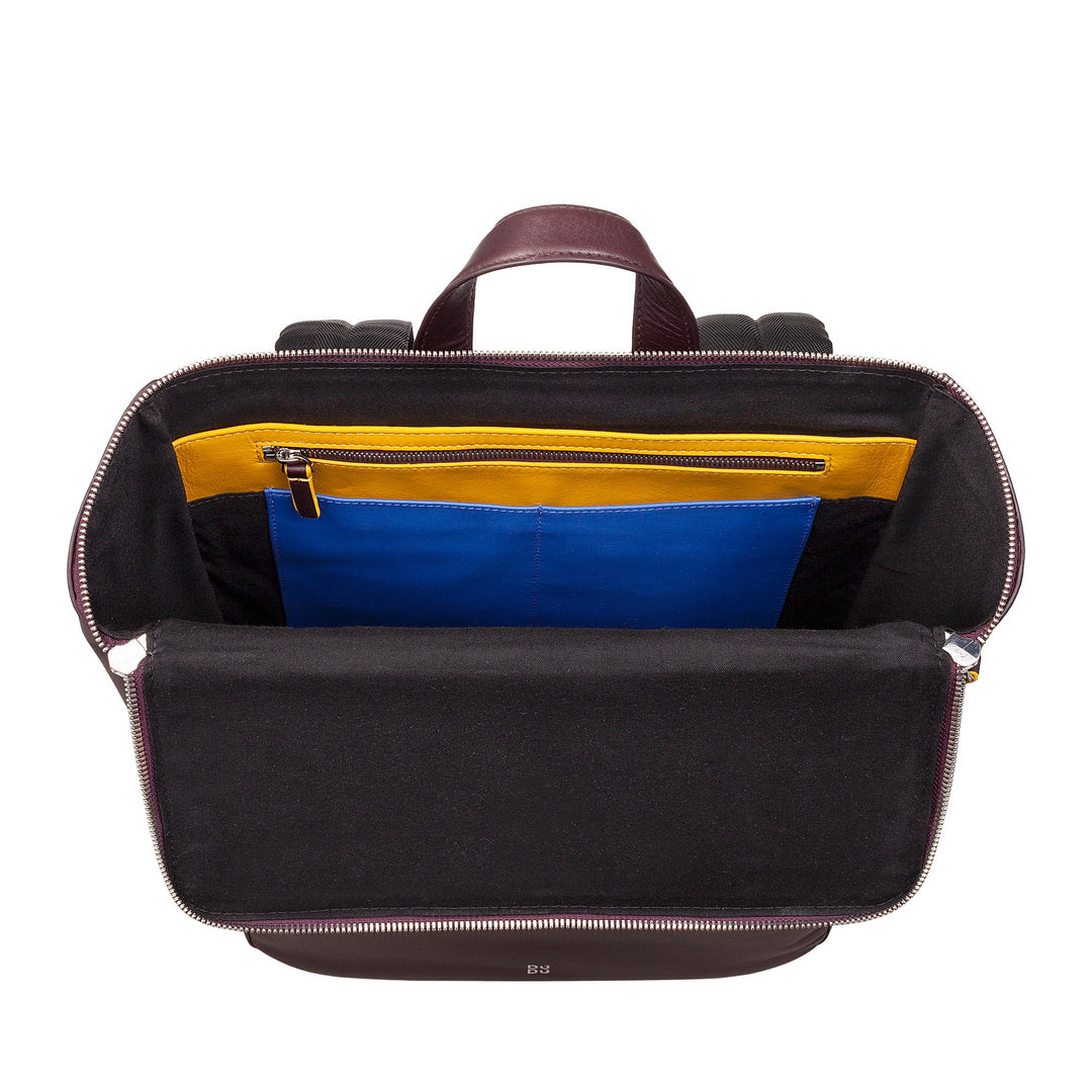 Open leather backpack with blue and yellow interior pockets