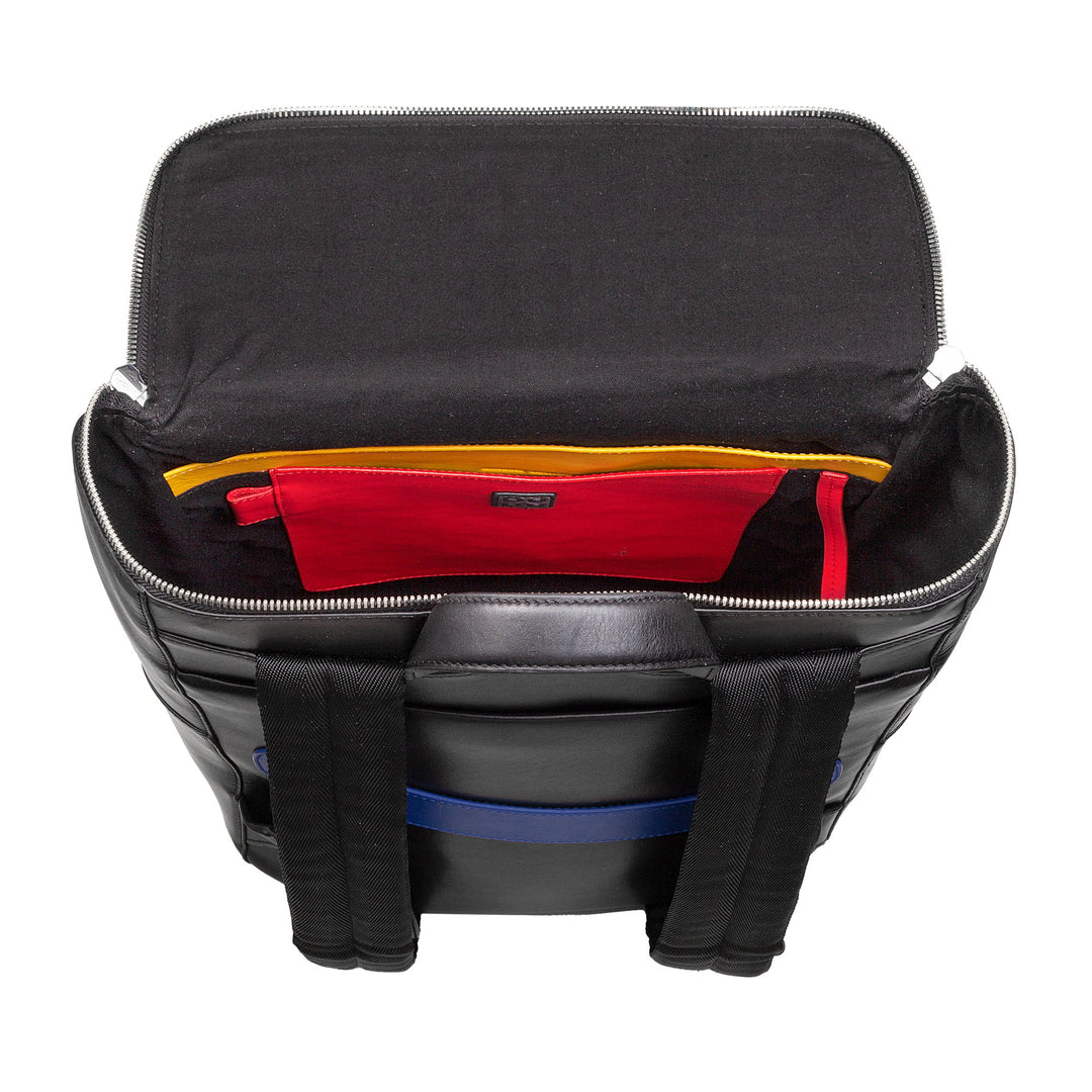 Open black backpack with an organized interior, showcasing colorful pockets
