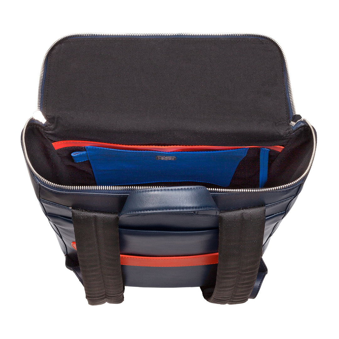 Top view of an open navy blue and red backpack showing inner compartments and pockets