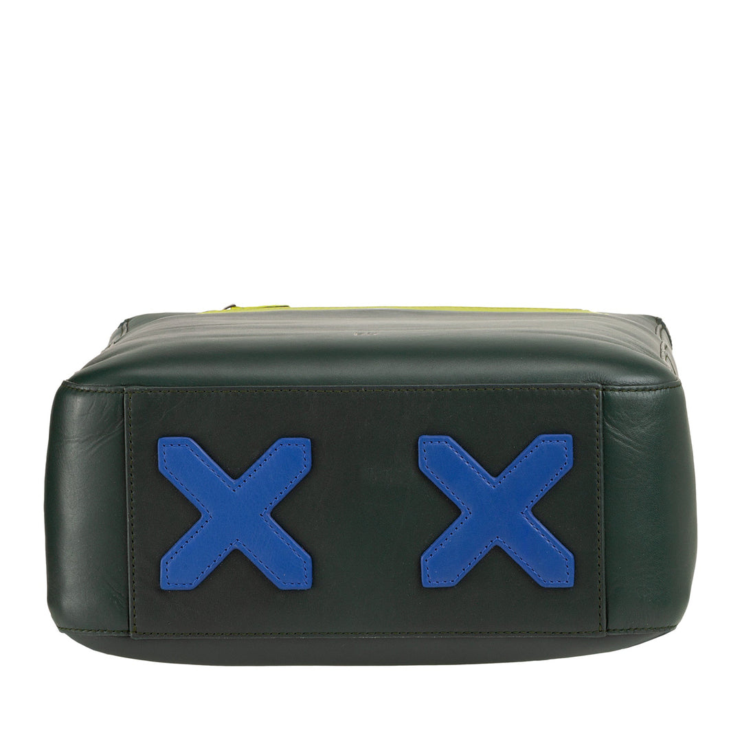 Black leather bag with blue X symbols on the front