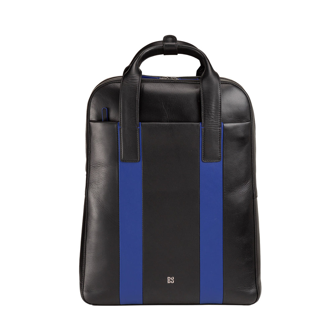 Sleek black and blue leather backpack with top handle and minimalist design