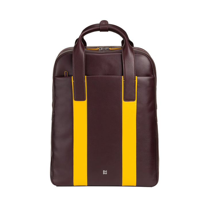 Brown leather backpack with yellow stripes and top handles