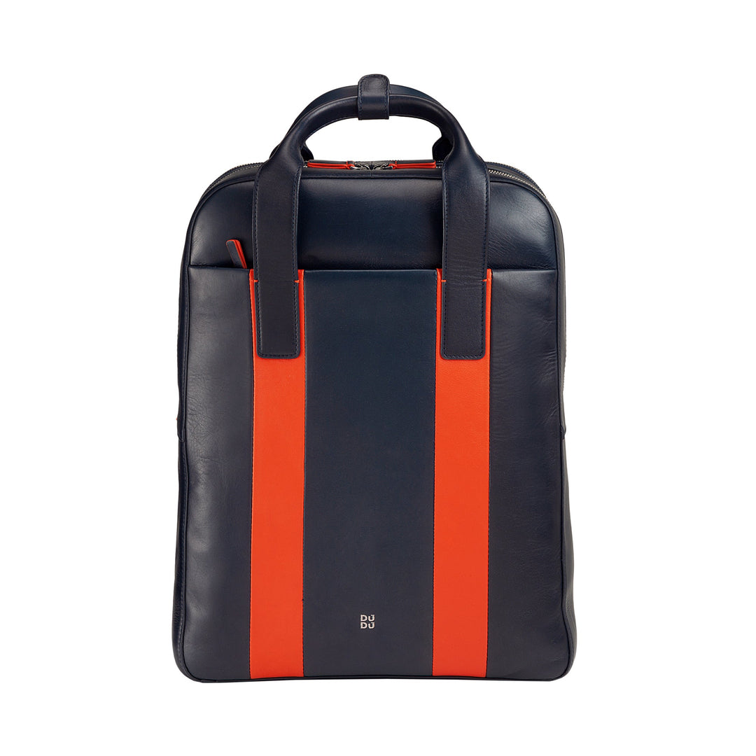 Stylish black and orange leather backpack with vertical stripes and top handle