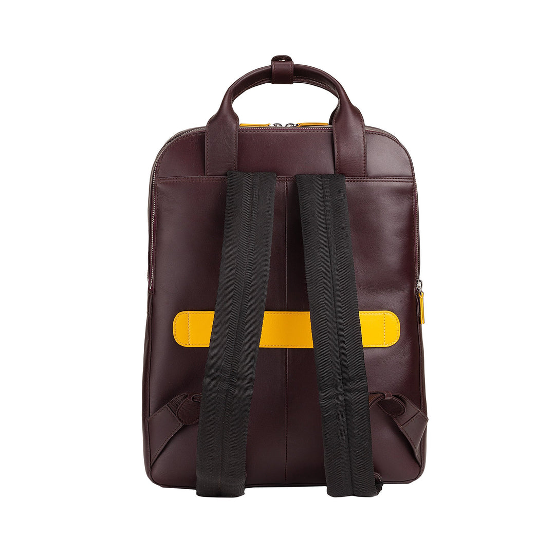 Brown leather backpack with black straps and yellow accent detailing