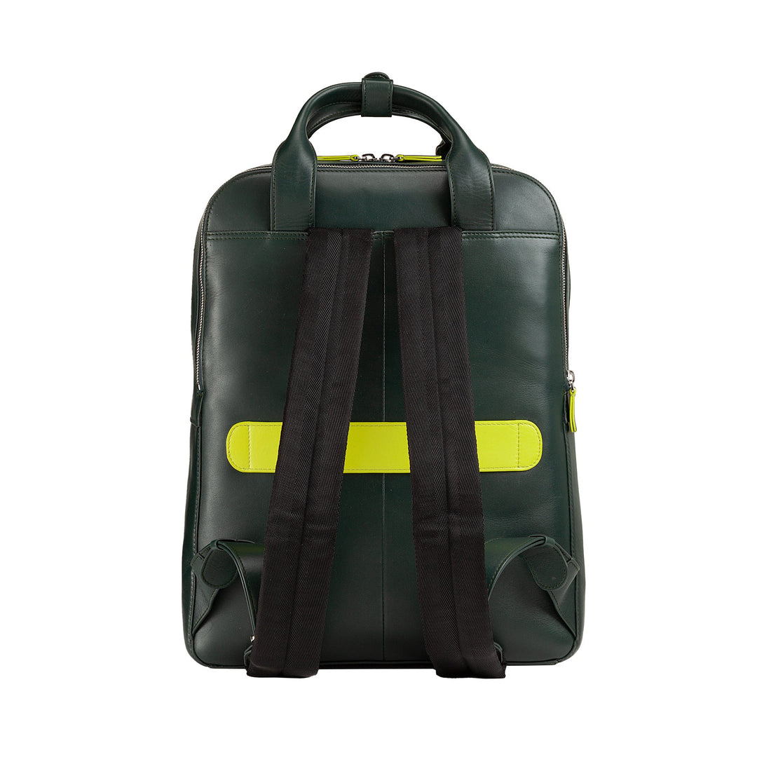 Green leather backpack with black straps and neon yellow accents, back view