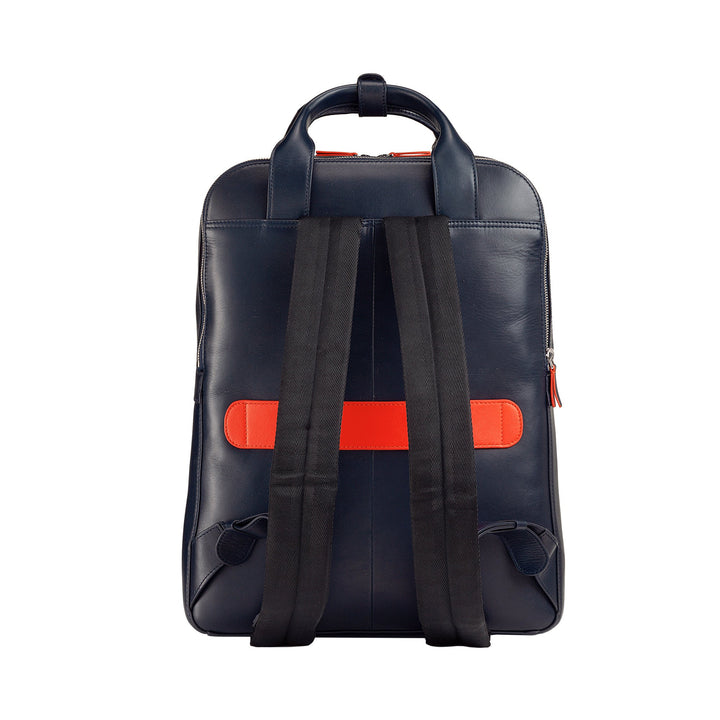 Navy blue leather backpack with black straps and red accents on white background