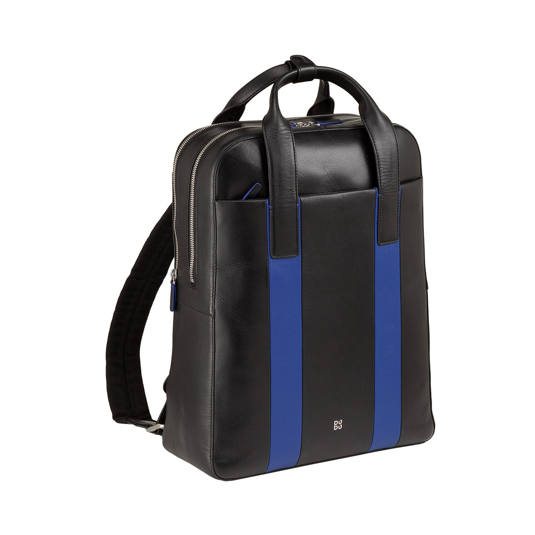 Black leather backpack with blue vertical stripes and silver zippers on a white background