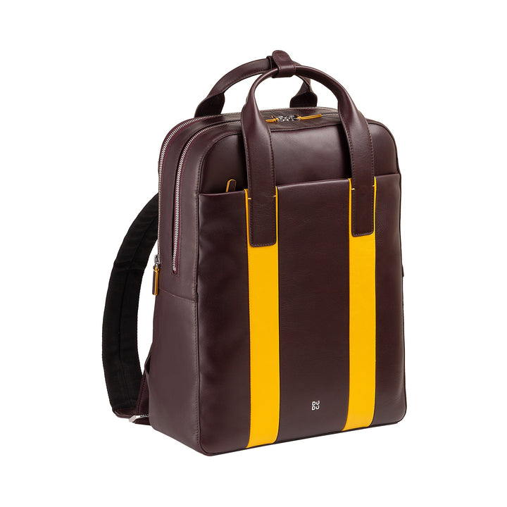 Brown leather backpack with yellow stripes and padded shoulder straps