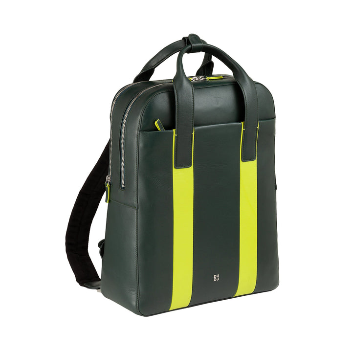 Green and yellow modern leather backpack with dual handles and zipper compartments