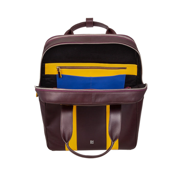 Stylish maroon backpack with yellow and blue interior pockets