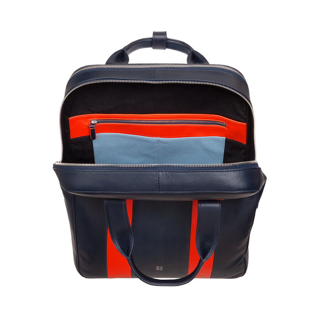 Stylish navy and red leather backpack with multiple compartments and a top handle