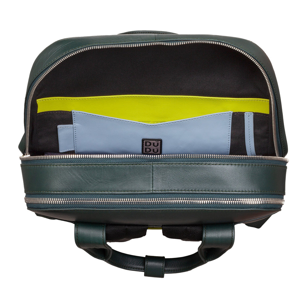 Colorful backpack with open compartments displaying organized interior pockets and zippers