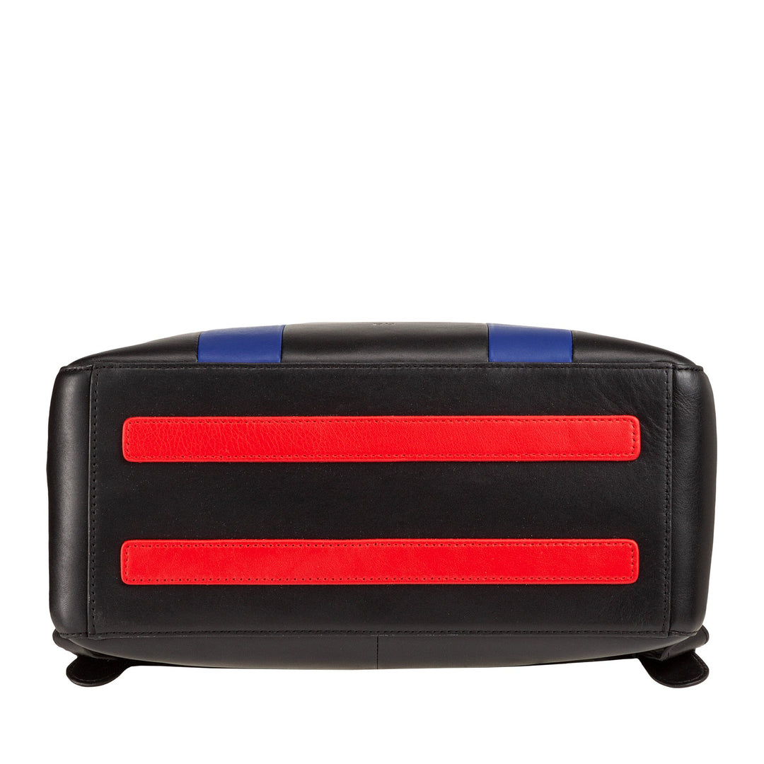 Bottom view of black leather handbag with red and blue accents