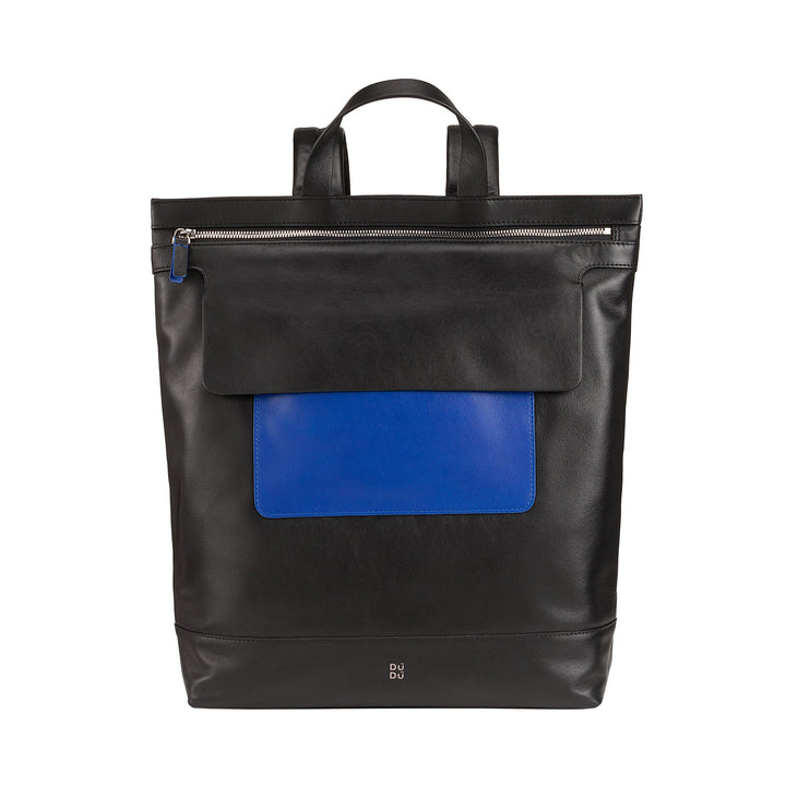 Black leather backpack with blue front pocket and silver zipper