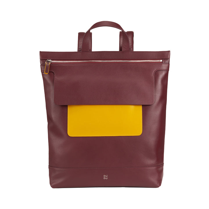 Brown leather backpack with front yellow pocket and zippered top