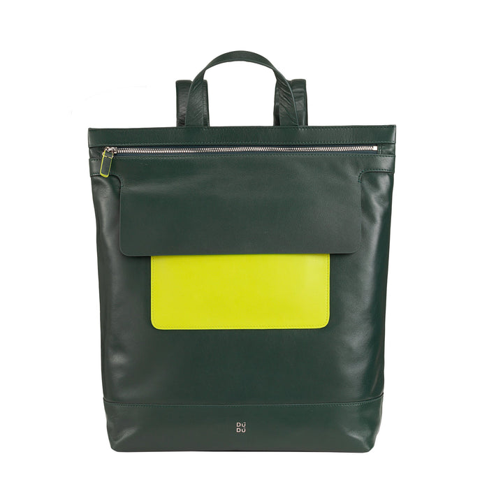 Green leather backpack with a lime green front pocket and top zipper