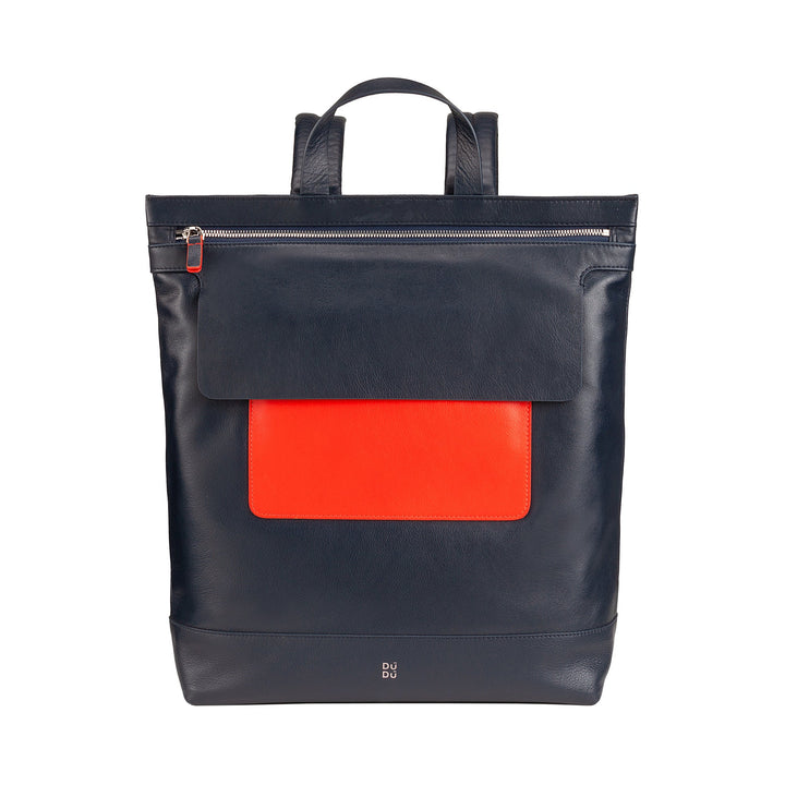 Navy blue leather backpack with red front pocket and top handle