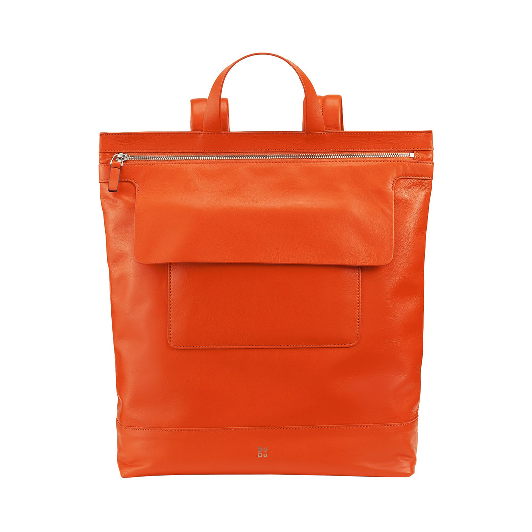 Bright orange leather backpack with front zipper pocket and handle straps