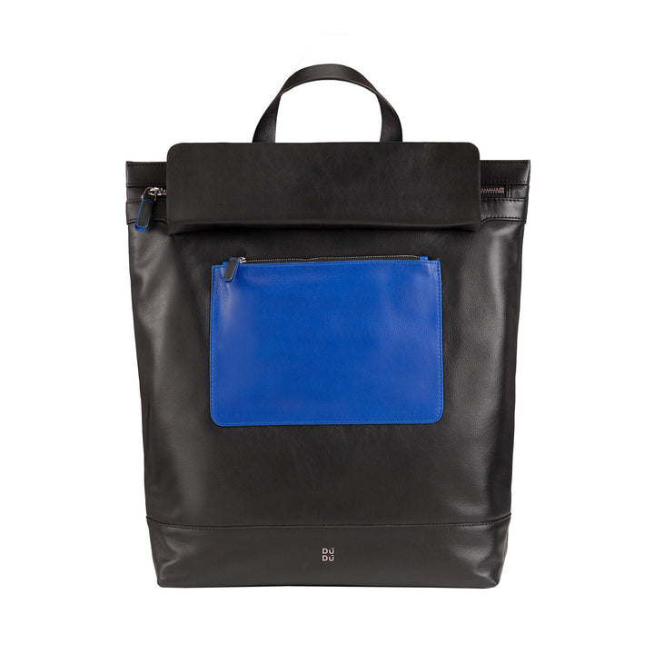Black leather backpack with blue front pocket and top handle