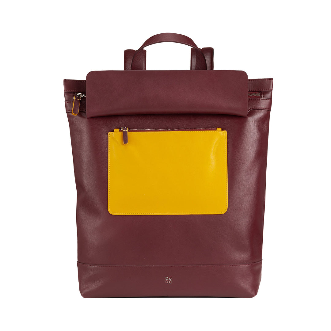 Maroon backpack with yellow front pocket and top handle