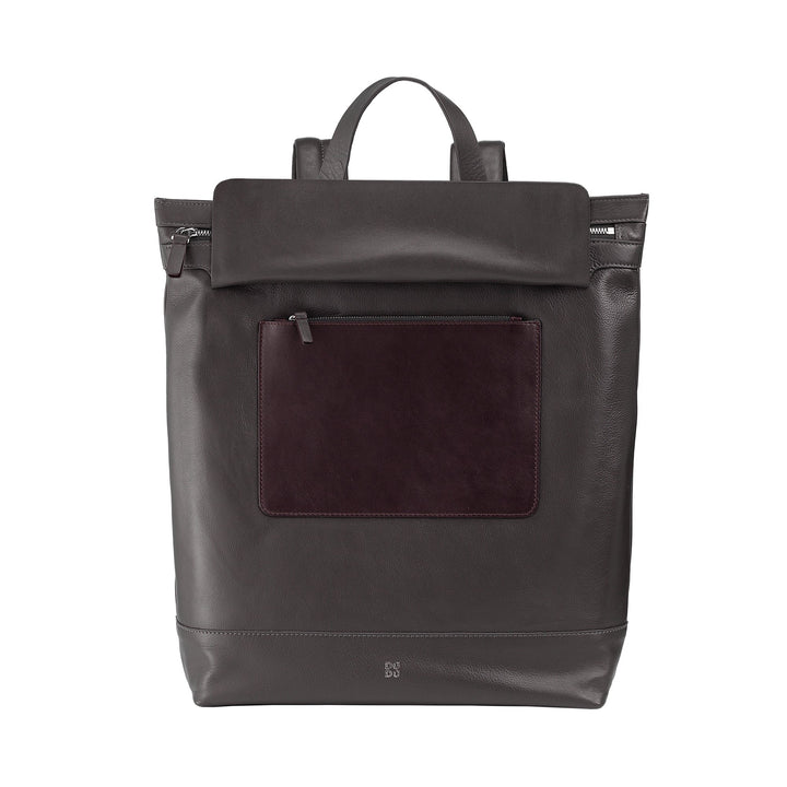 Modern dark gray leather backpack with front pocket and sleek design