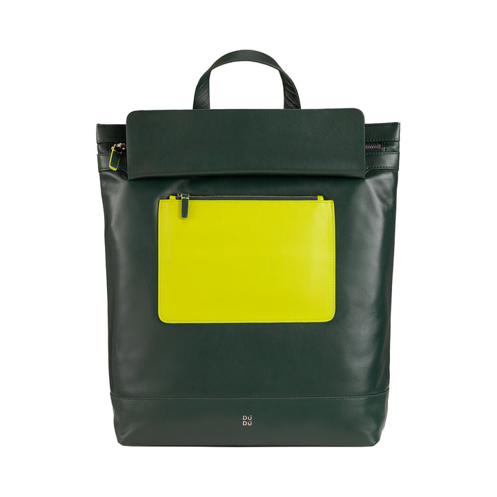 Green leather backpack with yellow front pocket and top handle
