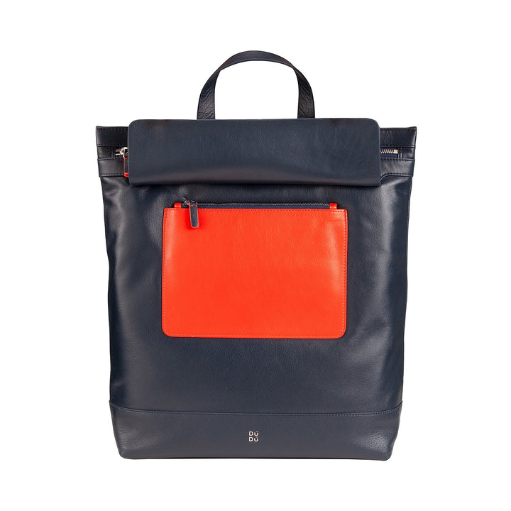 Navy blue leather backpack with orange front pocket and top handle