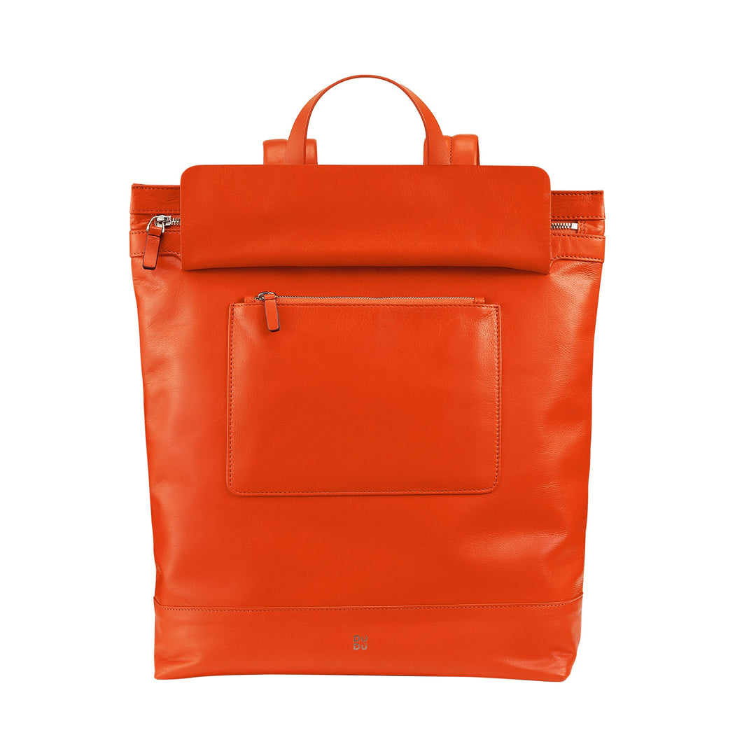 Bright orange leather backpack with front pocket and zipper details