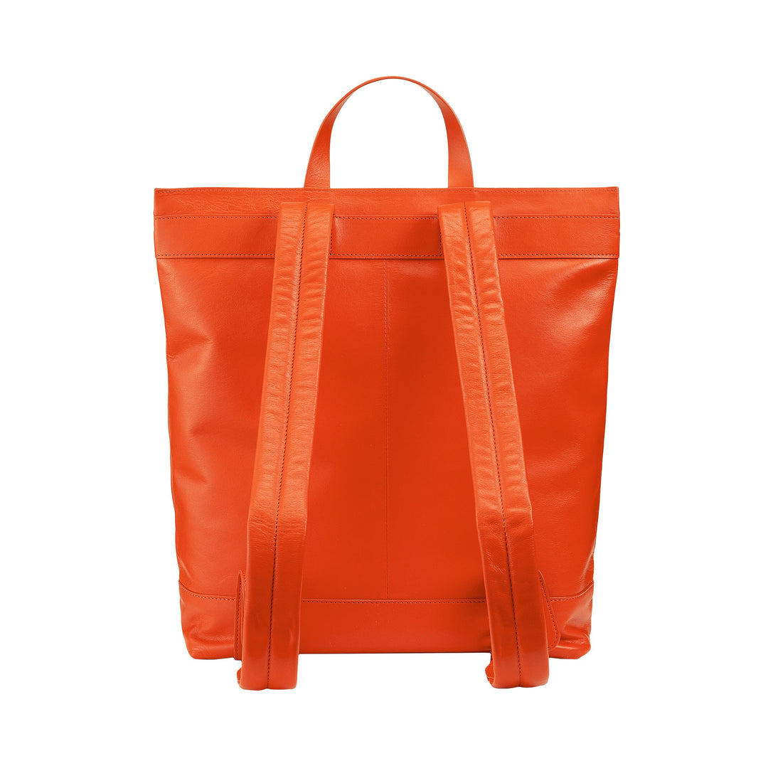 Bright orange leather backpack with dual shoulder straps and top handle