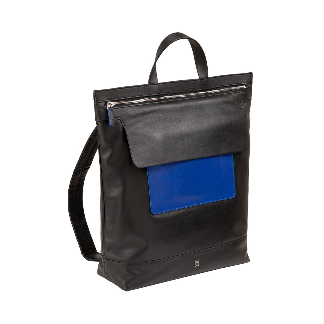 Black leather backpack with blue front pocket and top handle
