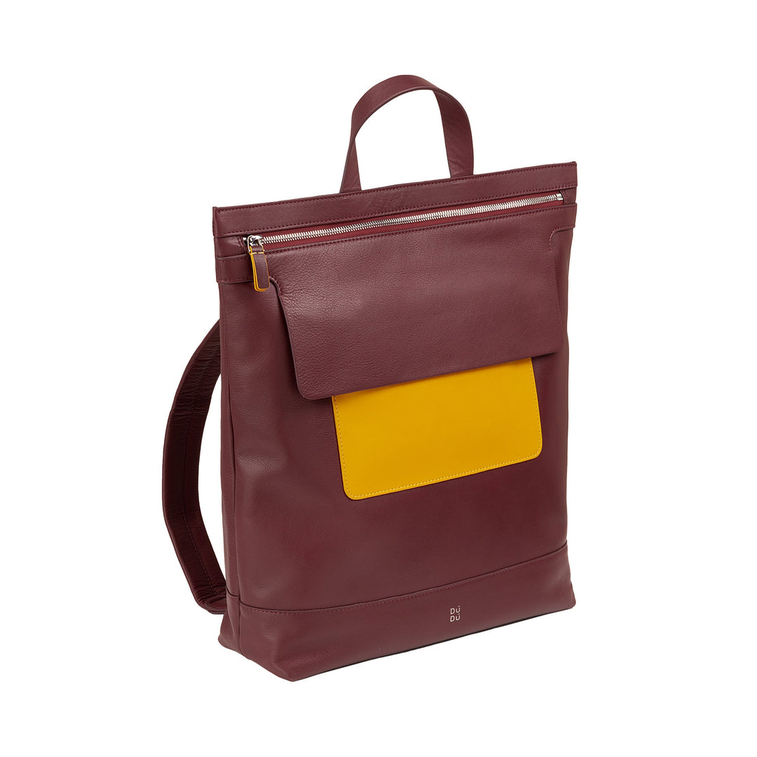 Maroon leather backpack with yellow front pocket and top handle