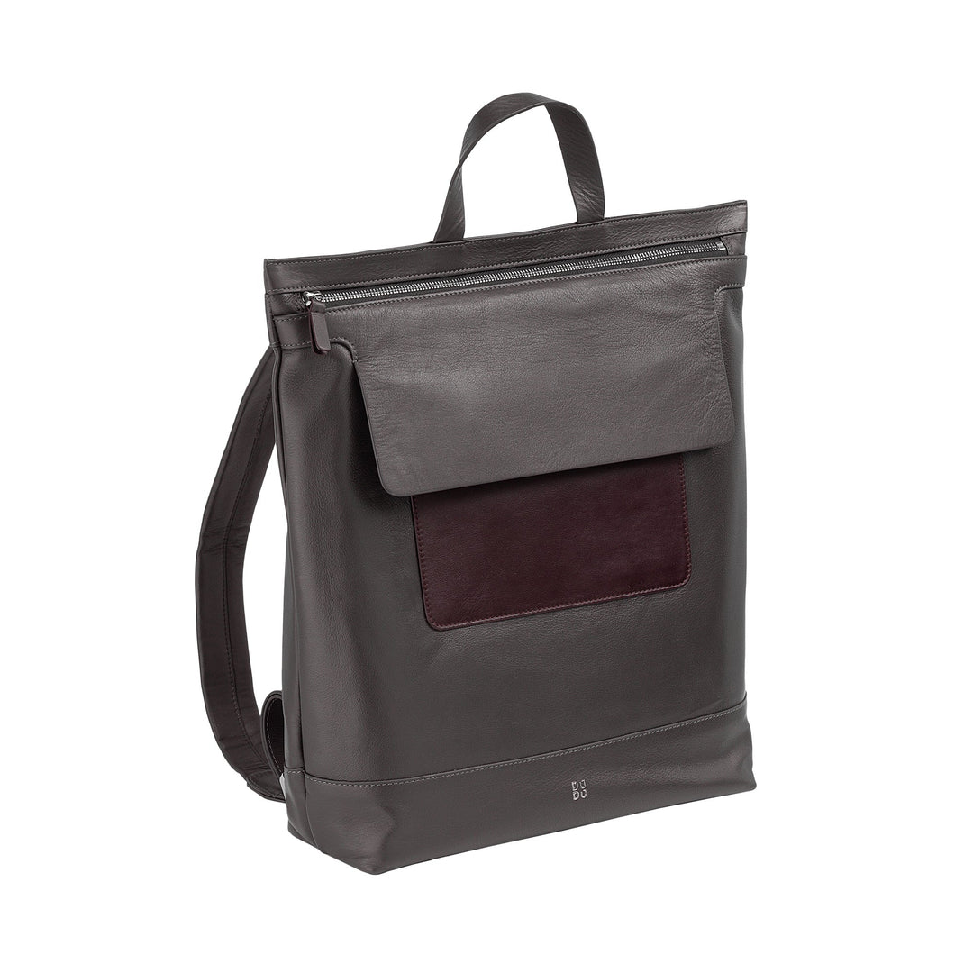 Sleek brown leather backpack with top handle and front pocket