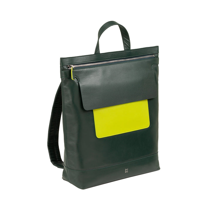 Green and yellow leather backpack with front zipper and handle