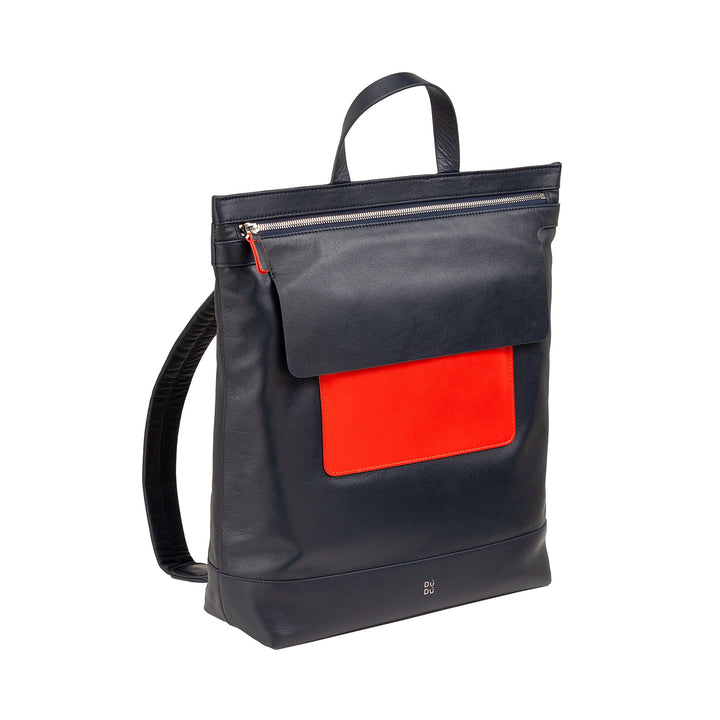 Stylish black leather backpack with red front pocket and top handle