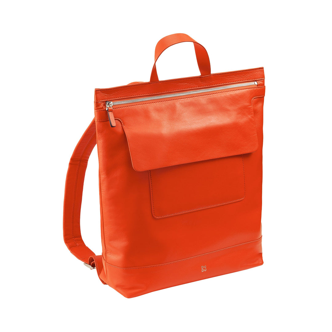 Bright orange leather backpack with front pocket and zipper compartment
