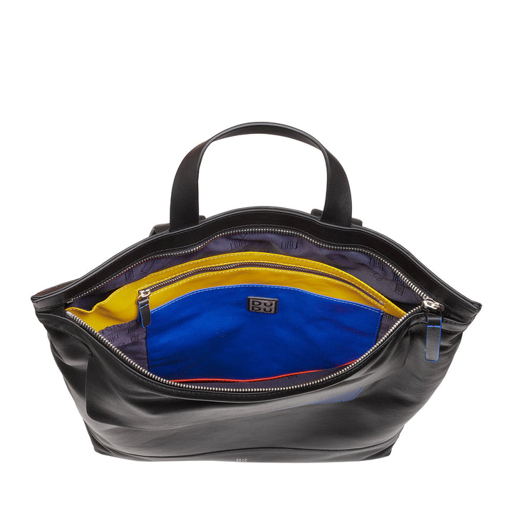 Black leather handbag with colorful interior pockets