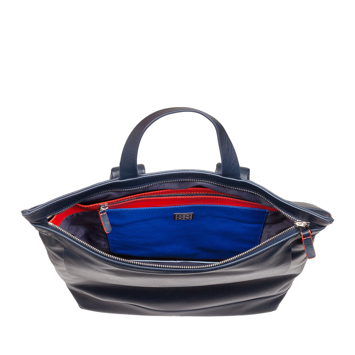 Black leather handbag with open zipper revealing bright blue and red interior