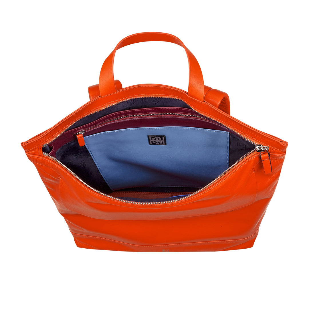 Bright orange tote bag with open zipper, showing interior pockets and branding label