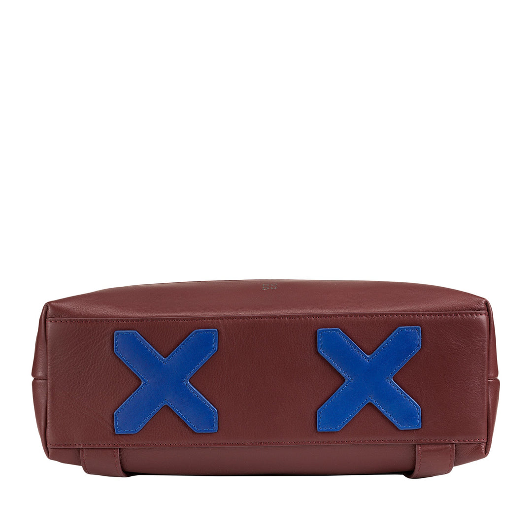 Brown leather bag with blue X-shaped accents