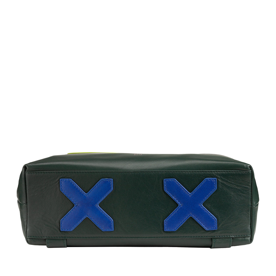 Green leather bag with blue XX design on bottom