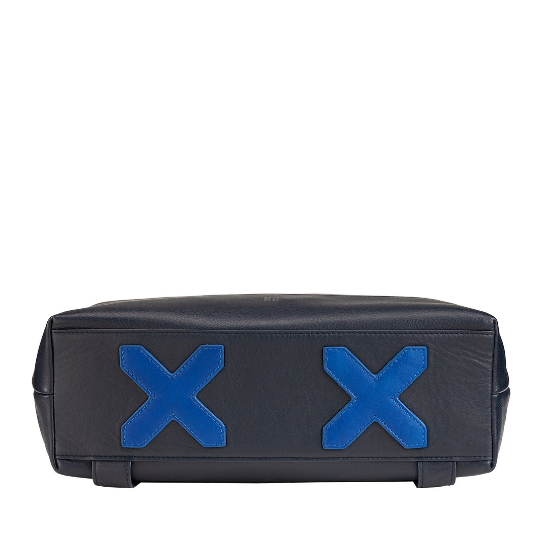 Black leather bag with blue X-shaped patches on bottom