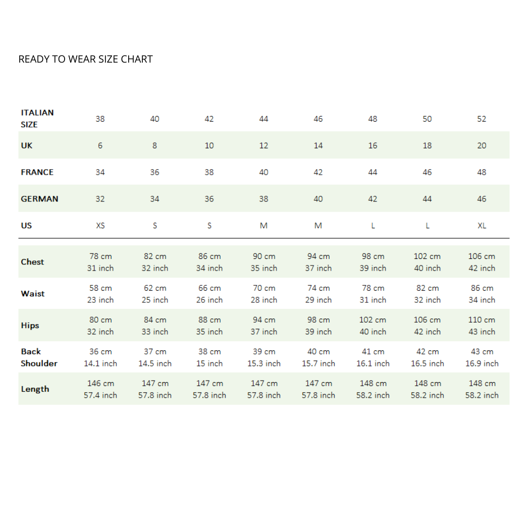 ready to wear size chart with measurements for Italian, UK, French, German, and US sizes, along with chest, waist, hips, back, shoulder, and length dimensions