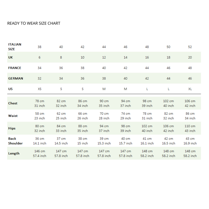 ready to wear size chart with measurements for Italian, UK, French, German, and US sizes, along with chest, waist, hips, back, shoulder, and length dimensions