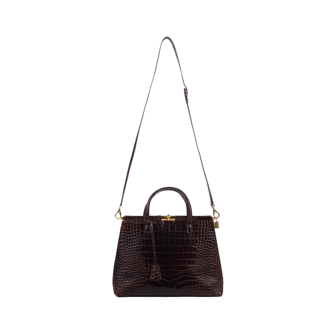 Dark brown crocodile-patterned leather handbag with top handles and adjustable shoulder strap