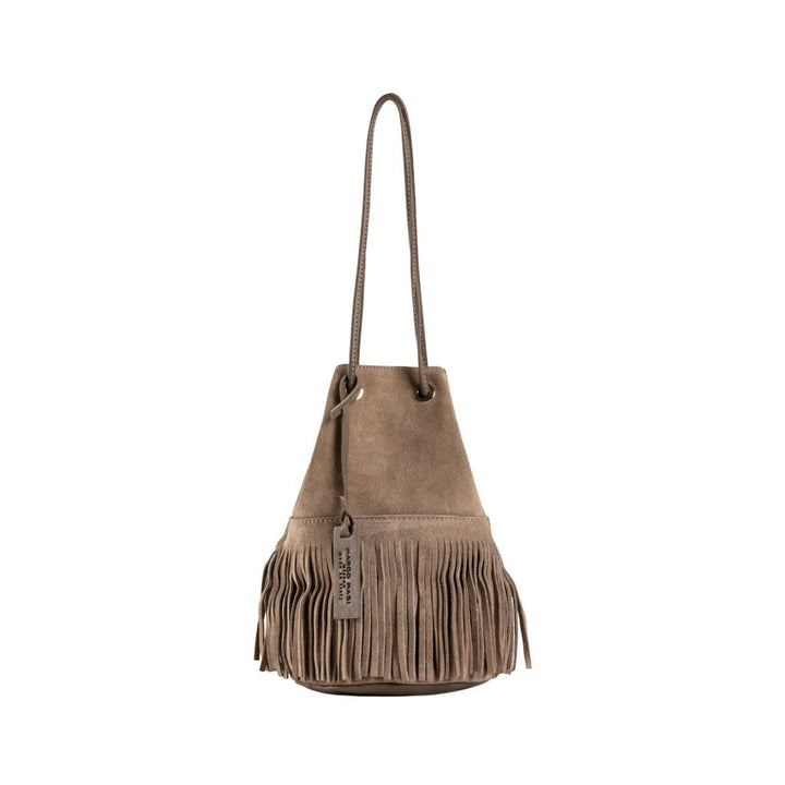 Tan suede fringe bucket bag with long strap
