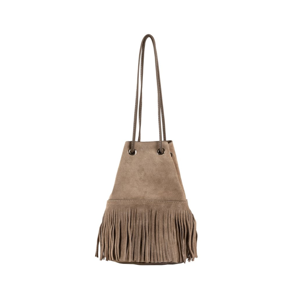 Brown suede fringed bucket bag with long handles