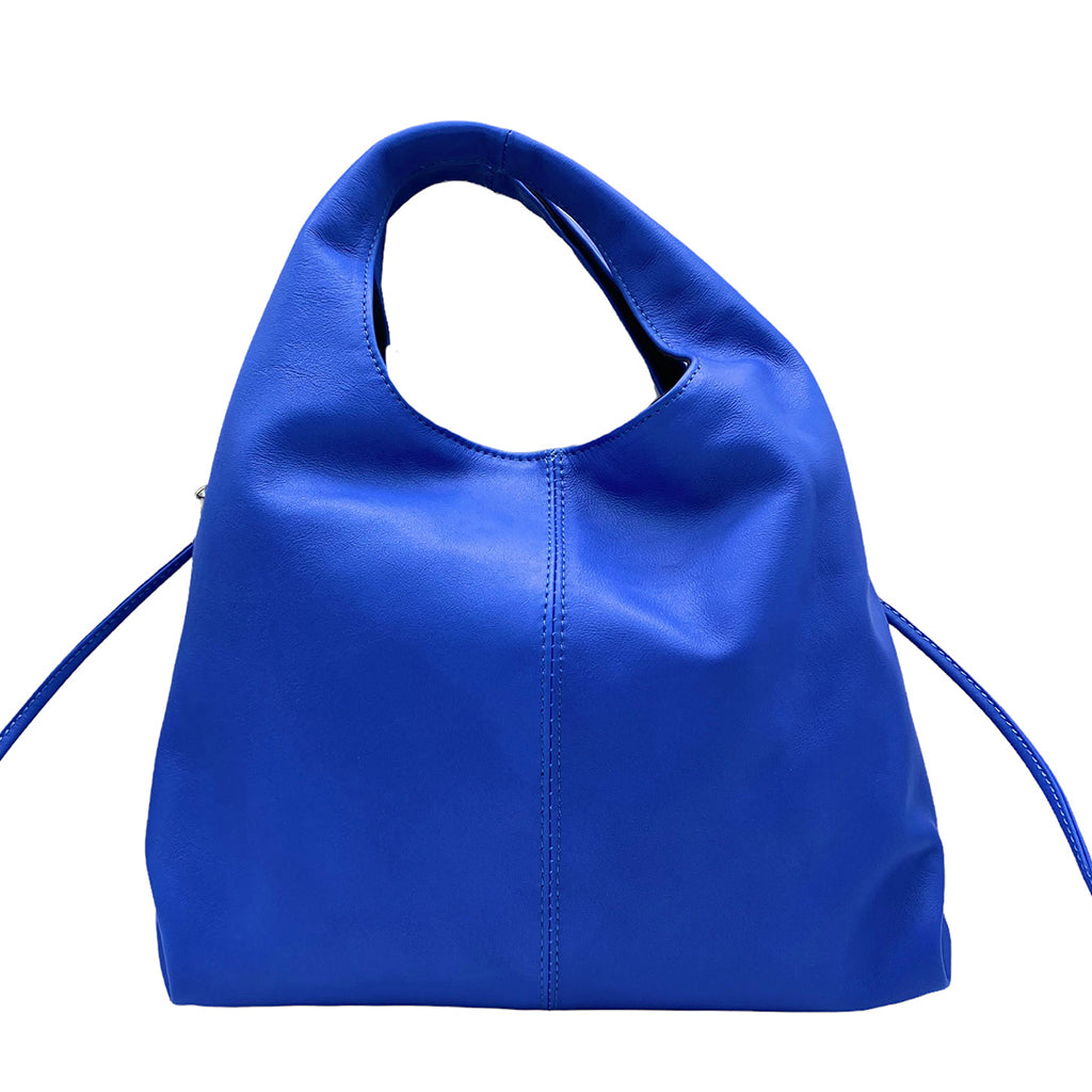 Stylish royal blue handbag with unique handle design