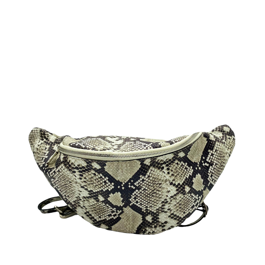 Snakeskin-patterned fanny pack with zipper closure against white background
